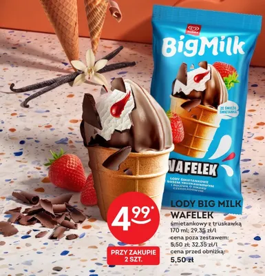Lody Big Milk Wafelek śmietankowy z truskawką Algida promocja w Żabka