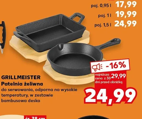 Patelnia żeliwna GRILLMEISTER do serwowania odporna na wysokie temperatury w zestawie bambusowa deska promocja w Kaufland