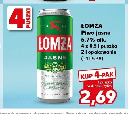 Piwo jasne Łomża 5,7% 4-pak 500ml promocja w Kaufland