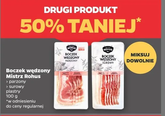 Boczek wędzony Mistrz Rohus (parzony, surowy, plastry, 170g w opakowaniu) promocja w Netto