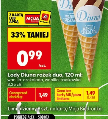 Lody rożek duo Diuna wanilia-czekolada promocja w Biedronka