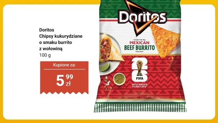 Chipsy kukurydziane Doritos o smaku burrito z wołowiną promocja w Dino