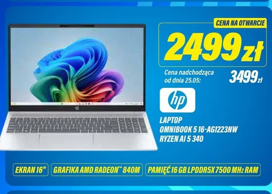 Laptop hp OMNIBOOK 5 16-AG1223NW RYZEN AI 5 340 Ekran 16" Grafika AMD Radeon 840m Pamięć 16 GB LPDDR5x7500MHz RAM promocja w RTV EURO AGD