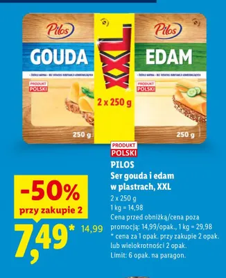 Ser gouda i edam w plastrach XXL 2-pak Pilos promocja w Lidl