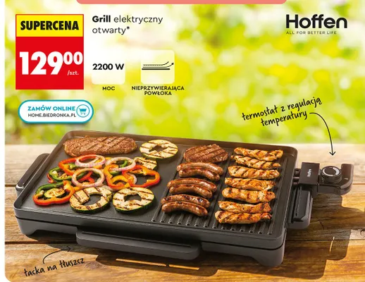 Grill elektryczny otwarty Hoffen 2200W nieprzywierająca powłoka termostaz z regulacją temperatury tacka na tłuszcz promocja w Biedronka