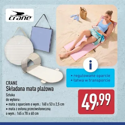 Składana mata plażowa z oparciem CRANE 160x53x2,5cm promocja w Aldi