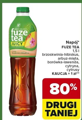 Napój Fuze Tea różne rodzaje brzoskwinia-hibiskus, arbuz-mięta, borówka-limonka, cytryna, cytrusy promocja w Carrefour Express