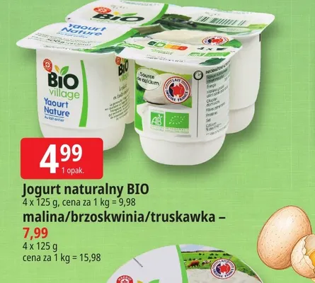 Jogurt truskawka 4-pak Bio Village promocja w Leclerc