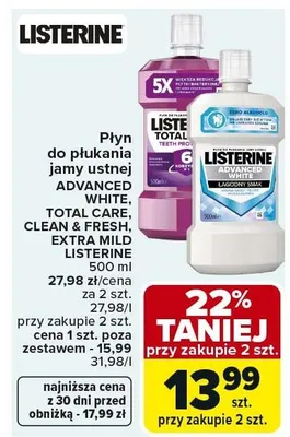 Płyn do płukania jamy ustnej ADVANCED WHITE, EXPERT, CLEAN & FRESH, EXTRA MILD LISTERINE 500 ml promocja w Carrefour
