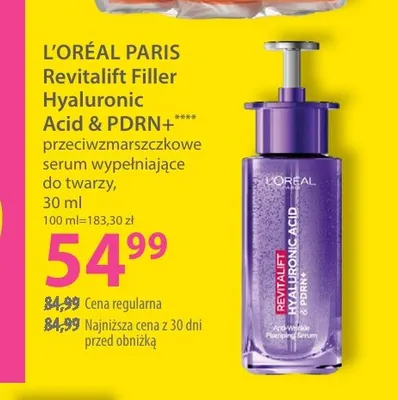 Przeciwzmarszczkowe serum wypełniające do twarzy Revitalift Filler Hyaluronic Acid & PDRN+ L'Oréal Paris promocja w Hebe