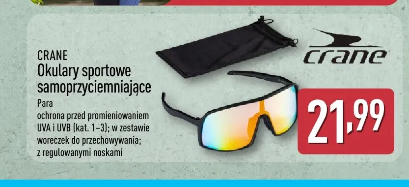 Okulary sportowe samoprzyciemniające Crane promocja w Aldi