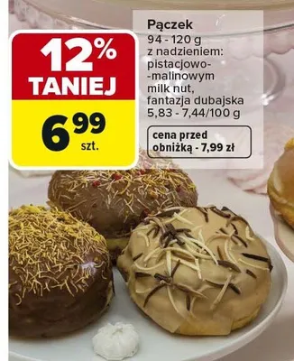 Pączek z nadzieniem pistacjowo-czekoladowym, milk nut, fantazją dubajską promocja w Carrefour