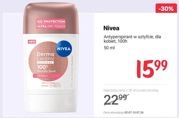 Antyperspirant w sztyfcie dla kobiet Nivea Derma Control Clinical promocja w Rossmann