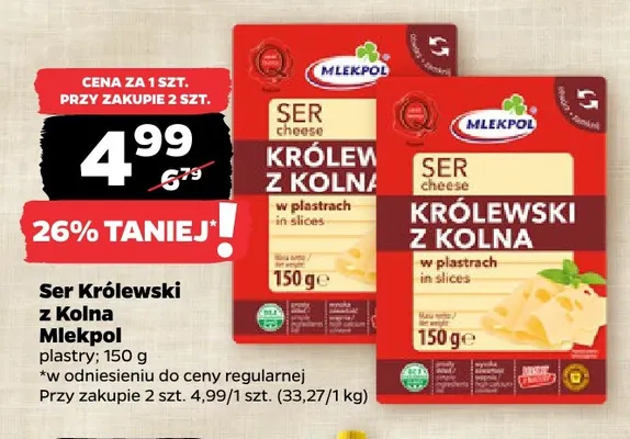 Ser Królewski z Kolna w plastrach Mlekpol promocja w Netto