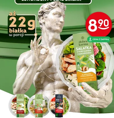 Sałatka z kurczakiem i makaronem ze szpinakiem i fasolą edamame Dobra Karma promocja w Żabka