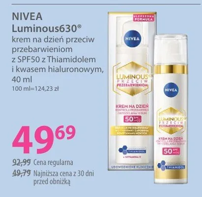 Krem na dzień przeciw przebarwieniom z SPF50 z Thiamidolem i kwasem hialuronowym Nivea Luminous630 promocja w Hebe