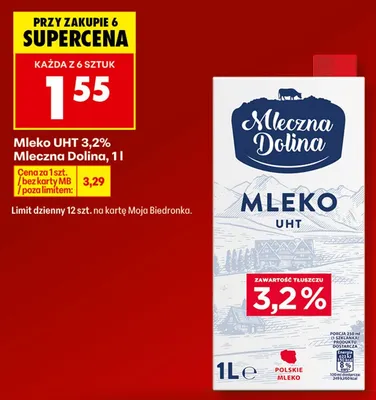 Mleko UHT 3,2% Mleczna Dolina promocja w Biedronka