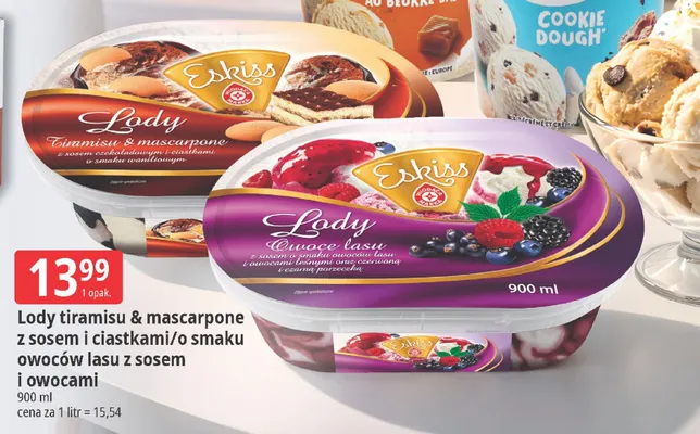 Lody tiramisu & mascarpone z sosem i ciastkami/o smaku owoców lasu z sosem i owocami promocja w Leclerc