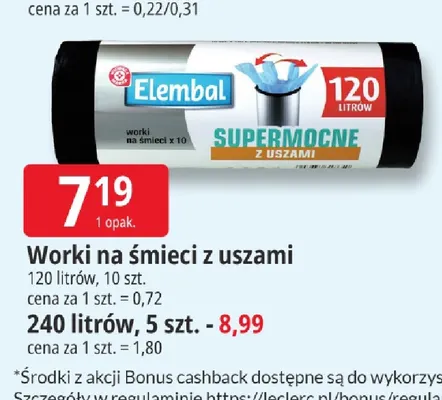 Worki na śmieci z uszami 240 l Elembal promocja w Leclerc