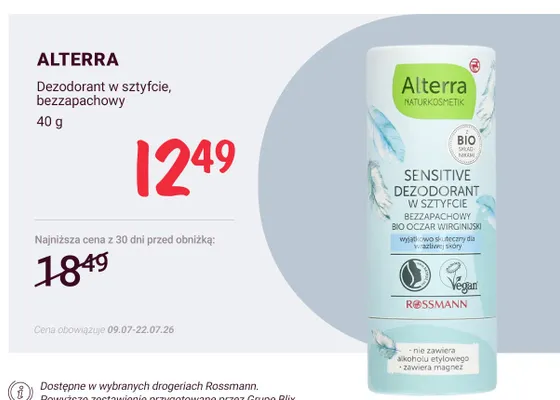 Dezodorant w sztyfcie bezzapachowy Alterra promocja w Rossmann