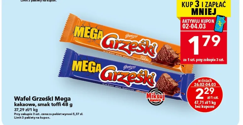 Wafel Grzeski Mega kakaowe, smak toffi promocja w LEWIATAN