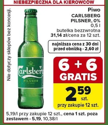 Piwo Carlsberg Pilsner 0% butelka bezzwrotna promocja w Carrefour Express