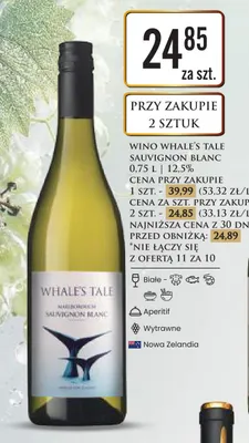 Wino białe wytrawne Whale's Tale Sauvignon Blanc promocja w Dino