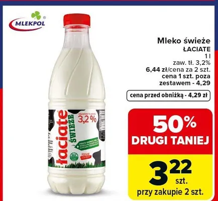Mleko świeże łaciate 1l zaw. tł. 3,2% promocja w Carrefour Market