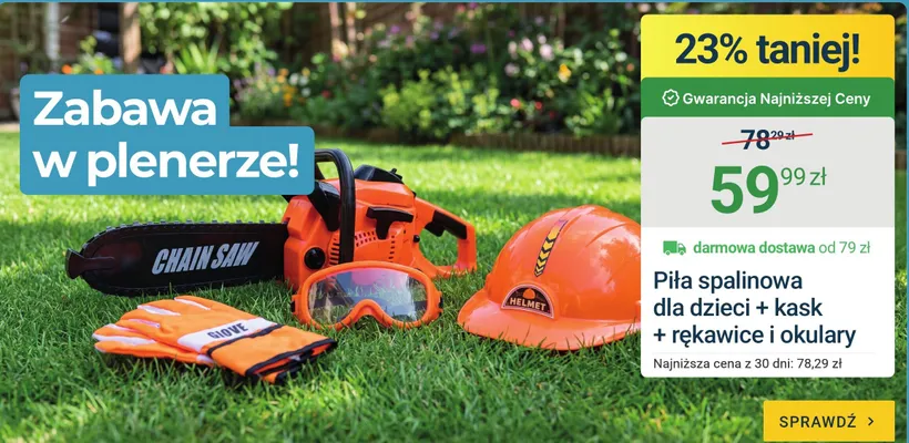 Zabawka piła spalinowa dla dzieci z kaskiem rękawicami i okularami promocja w ERLI