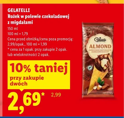 Lody rożek w polewie czekoladowej z migdałami Gelatelli Almond promocja w Lidl