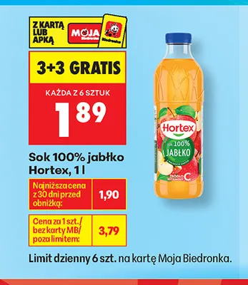Sok jabłko Hortex 100% promocja w Biedronka