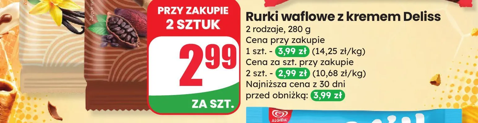 Rurki waflowe z kremem o smaku kakaowym Deliss promocja w Dino