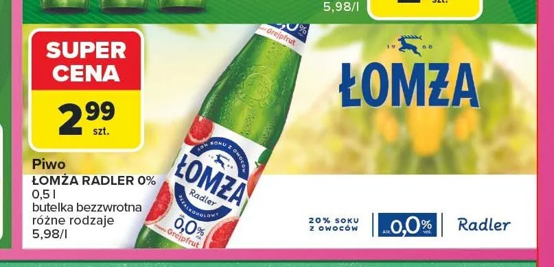 Piwo bezalkoholowe Łomża Radler Grejpfrut promocja w Carrefour