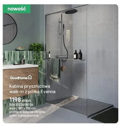 Kabina prysznicowa walk-in z półką GoodHome Evanna promocja w Castorama