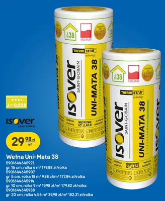 Wełna Isover Uni-Mata 38 20 cm promocja w Castorama