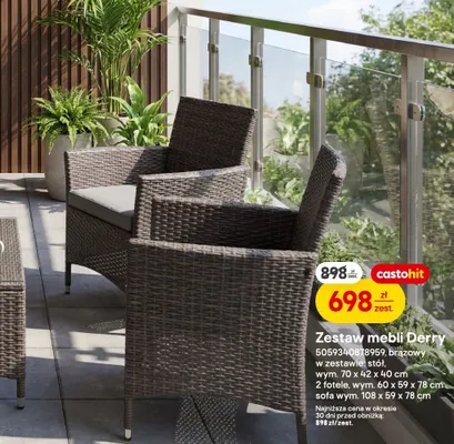 Zestaw mebli Derry brązowy, w zestawie: stół, 2 fotele, sofa promocja w Castorama