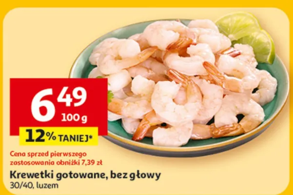 Krewetki gotowane, bez głowy 30/40, luzem promocja w Auchan