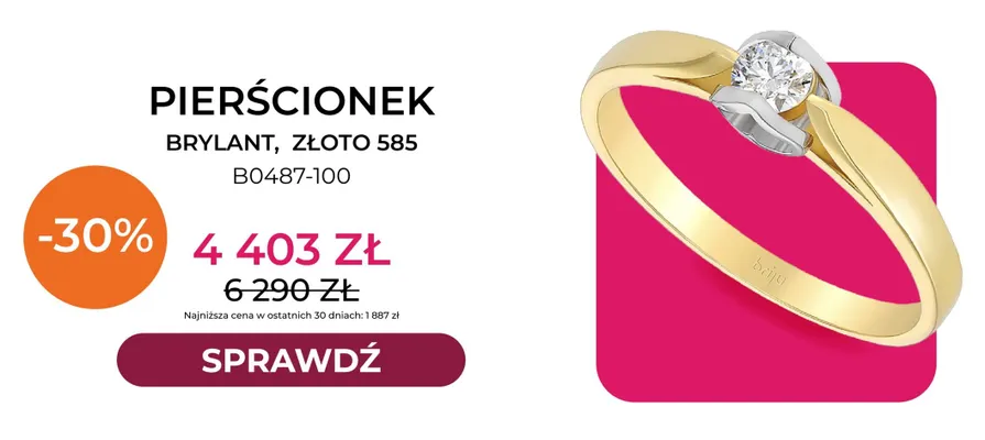 Pierścionek brylant złoto 585 B0487-100 Briju promocja w Briju