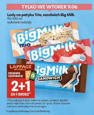Lody na patyku Trio, sandwich Big Milk promocja w Delikatesy Centrum