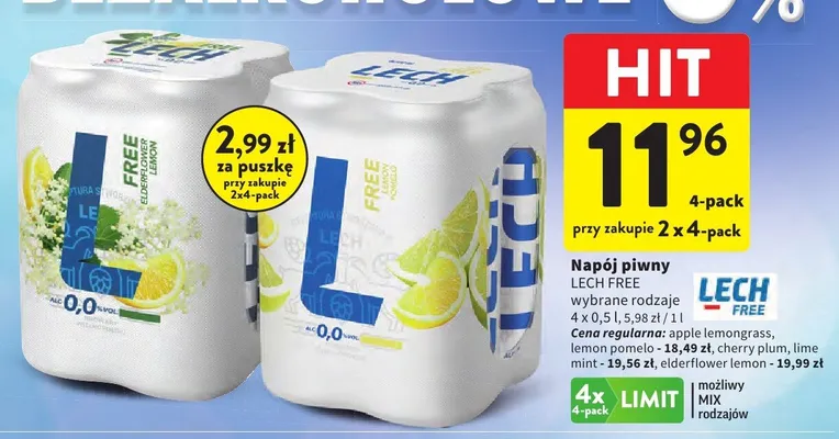 Napój piwny bezalkoholowy Lech Free Elderflower Lemon promocja w Intermarche