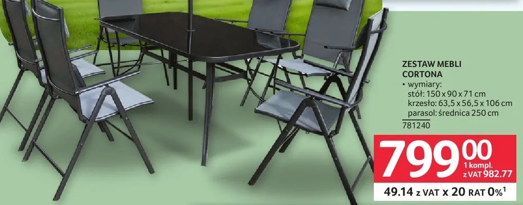 Zestaw mebli Cortona stół: 150x90x71cm, krzesło: 63,5x56,5x106cm, parasol: średnica 250cm, 781240 promocja w Selgros