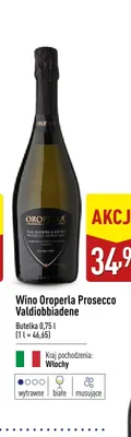Wino musujące Oroperla Prosecco Valdiobbiadene promocja w Aldi