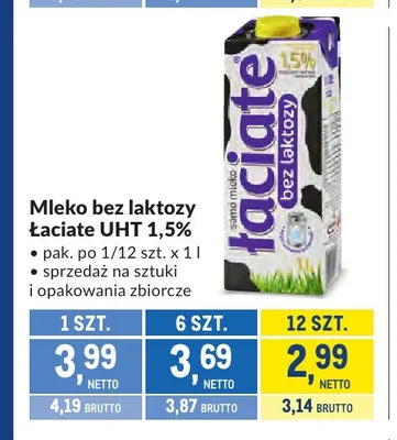 Mleko UHT bez laktozy Łaciate 1,5% promocja w Makro