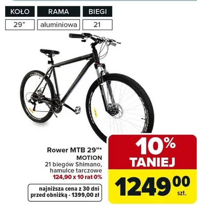 Rower MTB 29" Motion 21 biegów Shimano hamulce tarczowe 124,90 x 10 rat 0% promocja w Carrefour