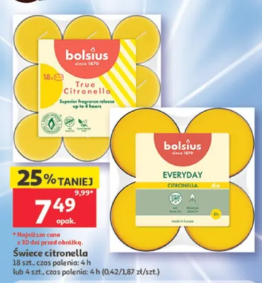 Świece citronella Bolsius 4szt. promocja w Auchan