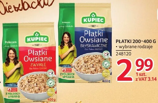Płatki wybrane rodzaje Kupiec 200-400g promocja w Selgros