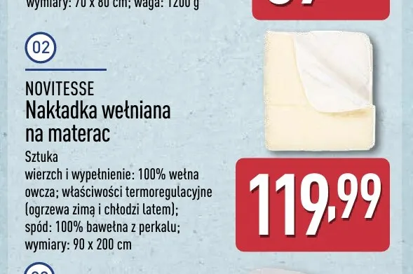 Nakładka wełniana na materac Novitesse 90x200 cm promocja w Aldi