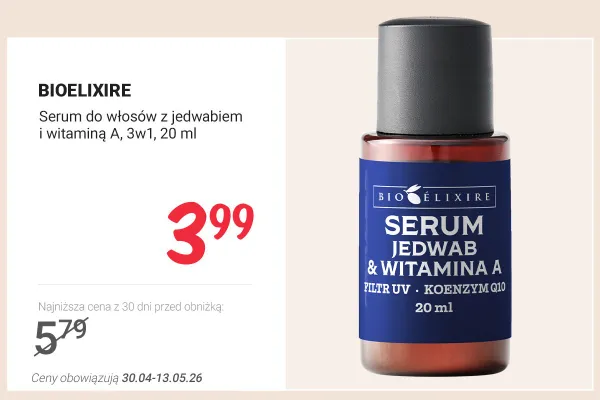 Serum do włosów z jedwabiem i witaminą A 3w1 BIOELIXIRE promocja w Rossmann