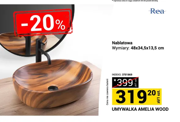 Umywalka nablatowa Rea Amelia Wood promocja w Merkury Market