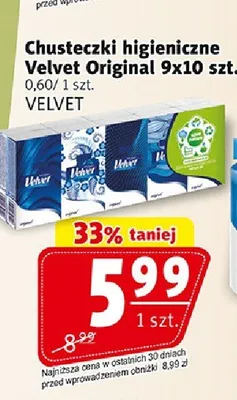 Chusteczki higieniczne Velvet Original 9x10szt. promocja w Prim Market